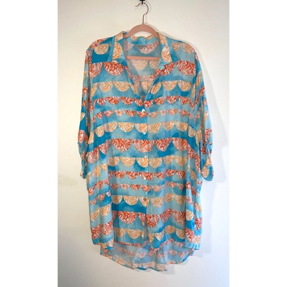 Avenue Longline Short Sleeve Blue Print Button Down Shirt, Size 22/24 - Picture 1 of 5